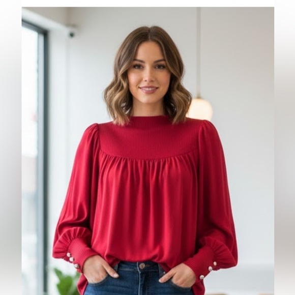 Cupio Tops - Cupio Blush Jester Red Puff Sleeve L Gathered Yoke Ribbed Mick Women’s top NWT